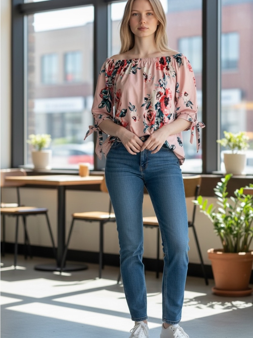 Floral Off-Shoulder Tie-Sleeve Blouse in Pink